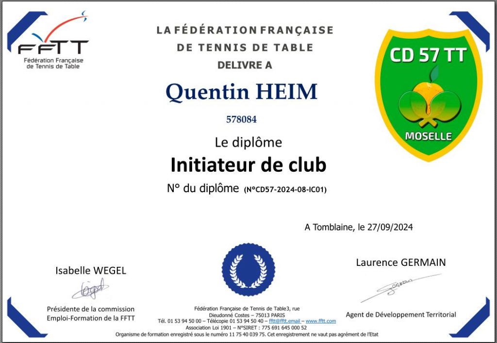 Quentin Heim diplôme d'Initiateur de Club